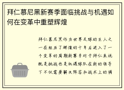 拜仁慕尼黑新赛季面临挑战与机遇如何在变革中重塑辉煌