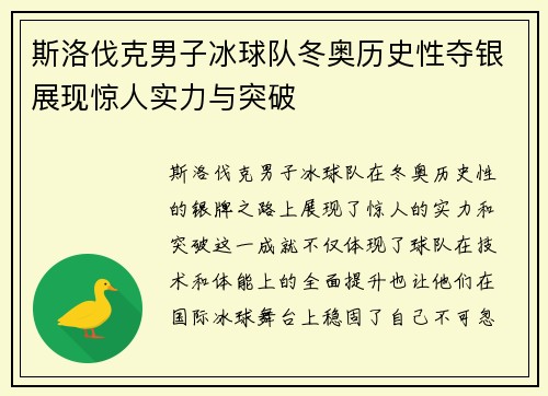 斯洛伐克男子冰球队冬奥历史性夺银展现惊人实力与突破