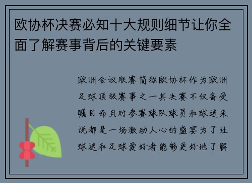 欧协杯决赛必知十大规则细节让你全面了解赛事背后的关键要素