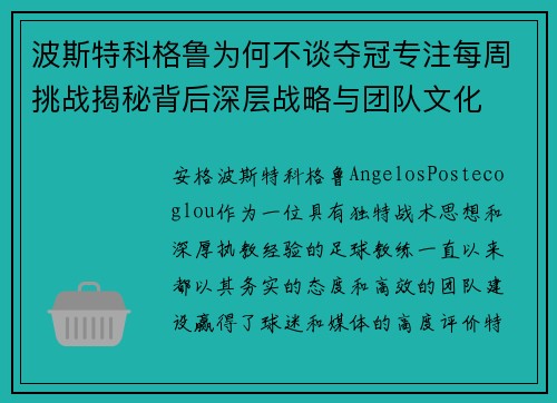 波斯特科格鲁为何不谈夺冠专注每周挑战揭秘背后深层战略与团队文化