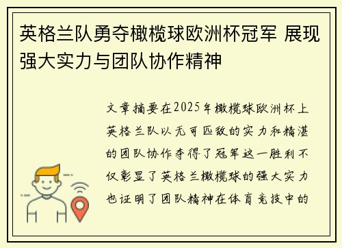 英格兰队勇夺橄榄球欧洲杯冠军 展现强大实力与团队协作精神