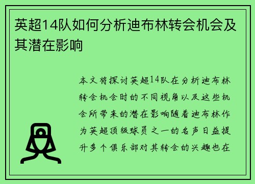 英超14队如何分析迪布林转会机会及其潜在影响